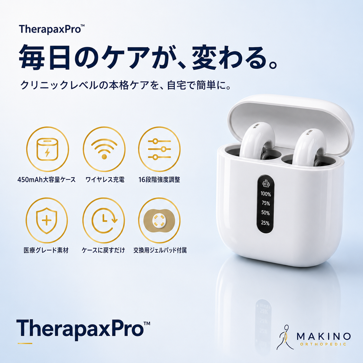 TherapaxPro™- クリニックレベルの神経筋電気刺激技術で、あらゆる痛みをプロフェッショナルにケアする家庭用医療機器