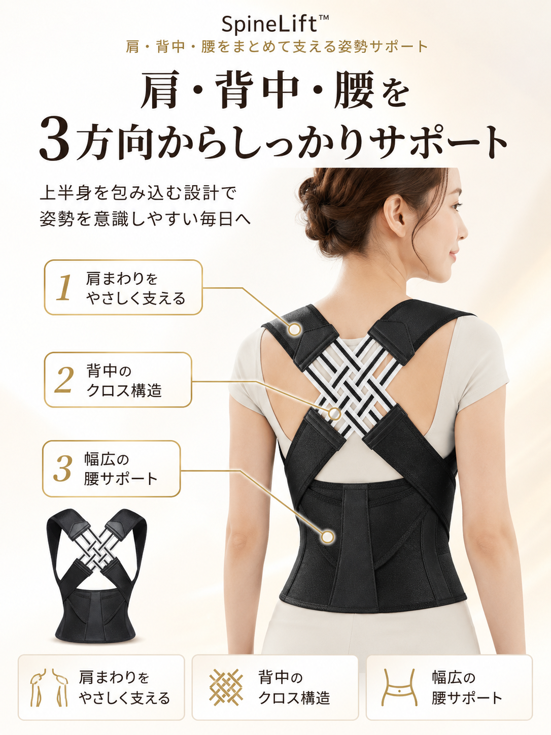 SpineLift™ — 肩・背中・腰をまとめて支える姿勢サポート