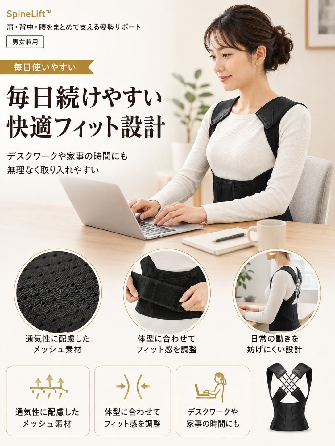SpineLift™ — 肩・背中・腰をまとめて支える姿勢サポート